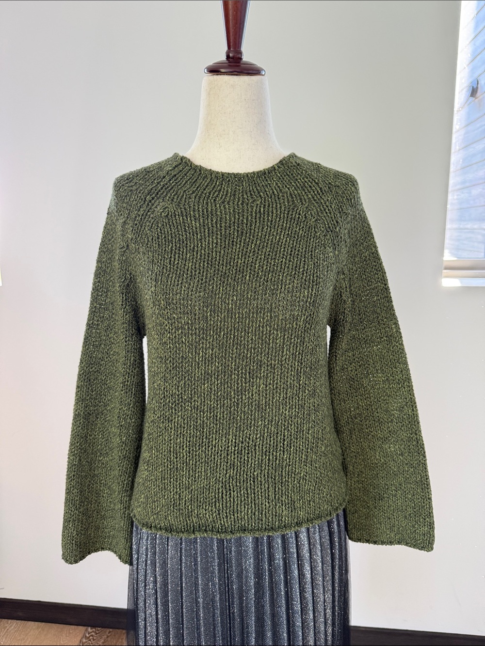 Massimo Dutti Olive Green Ribbed Crewneck Sweater